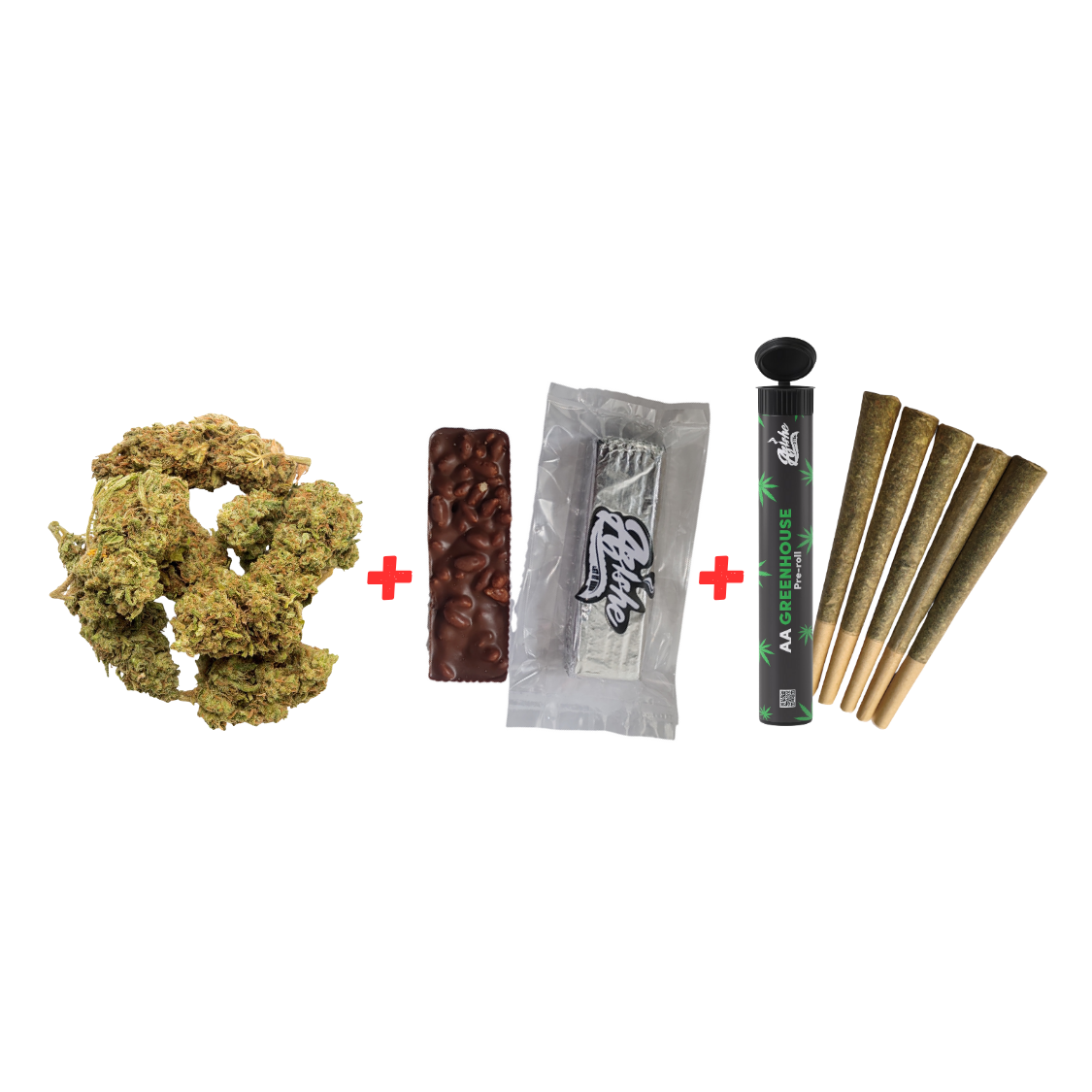 AA Greenhouse/Edible Combo: Flower, Pre-Rolls & Choco Bar
