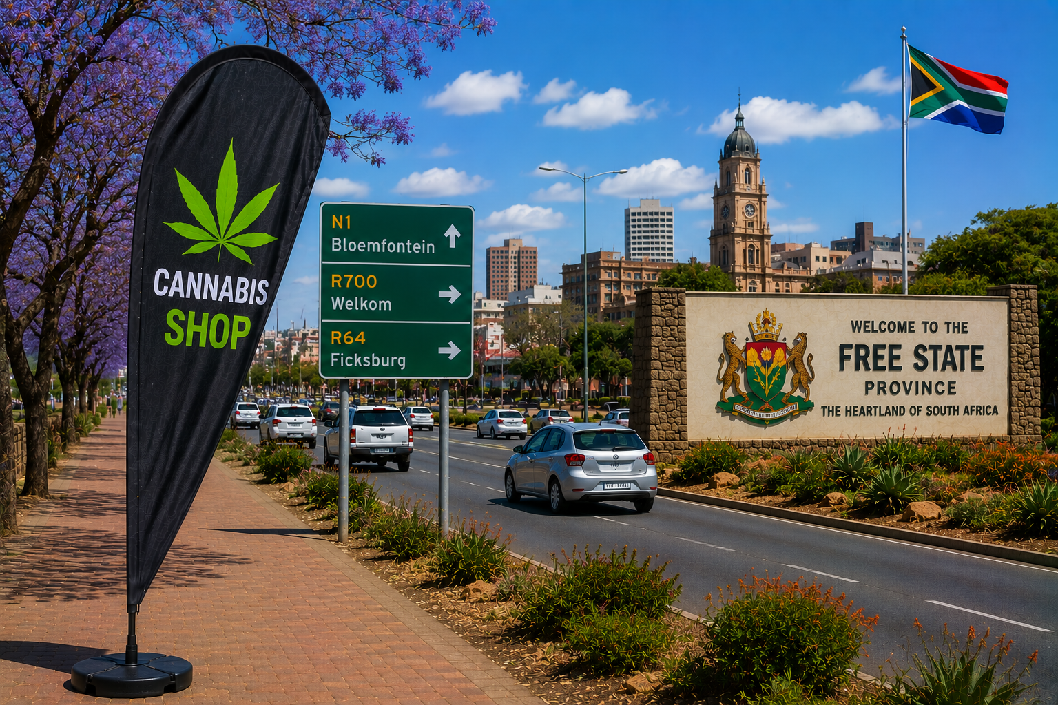 Cannabis Shop banner on a Bloemfontein boulevard with the Welcome to the Free State Province sign – cannabis delivery across the Free State