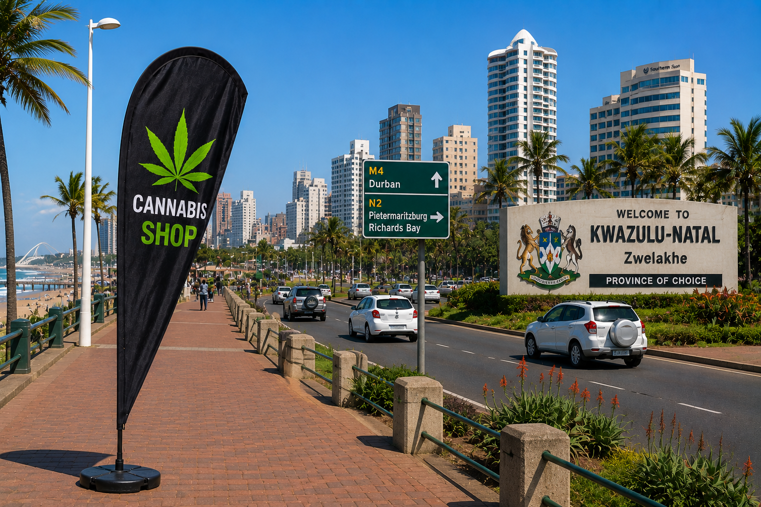 Cannabis Shop banner on the Durban Golden Mile beachfront with the KwaZulu-Natal welcome sign – cannabis delivery across KZN