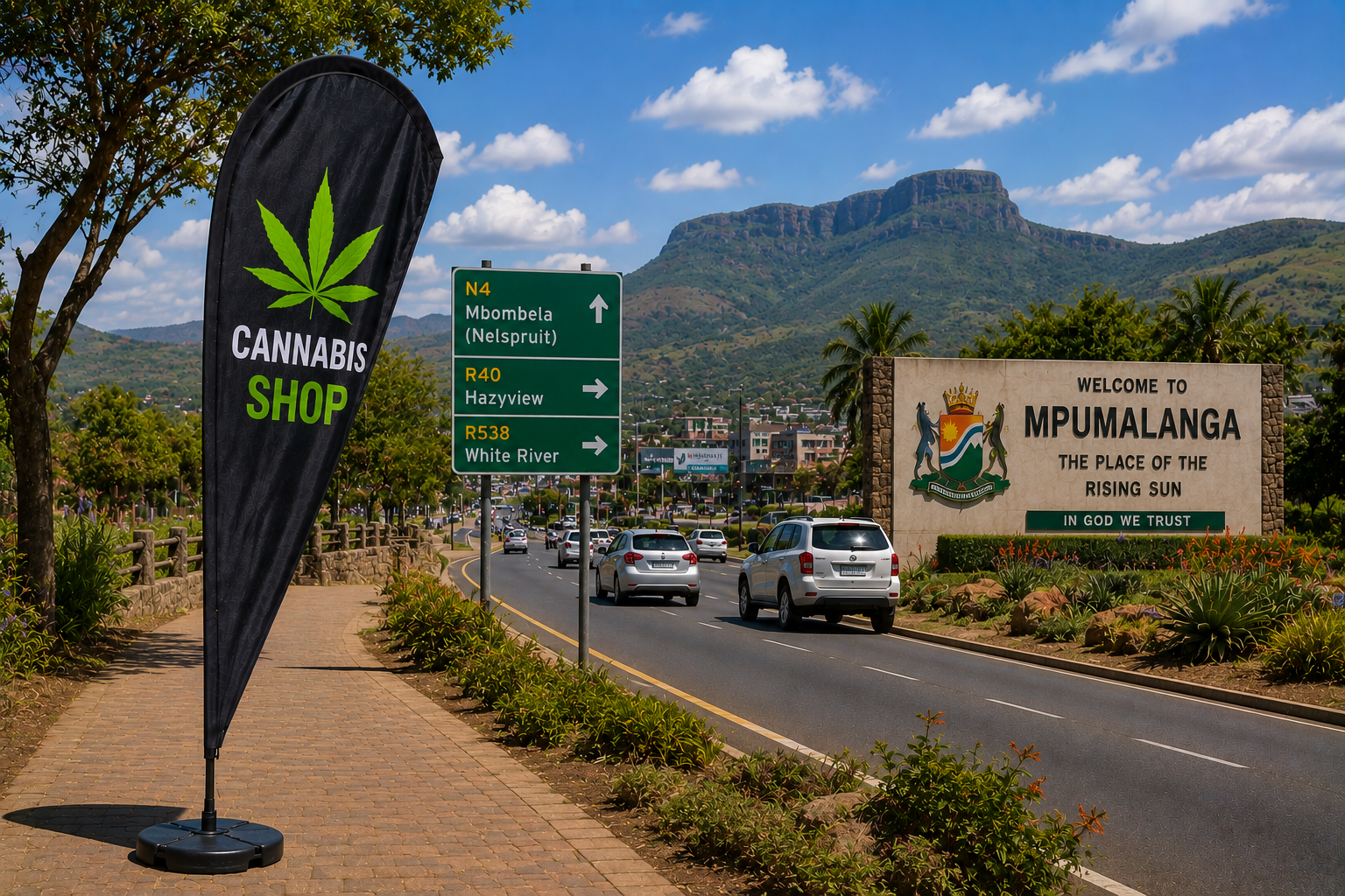 Cannabis Shop banner at the Mpumalanga Welcome sign near Mbombela (Nelspruit) with lush green mountains – cannabis delivery across Mpumalanga
