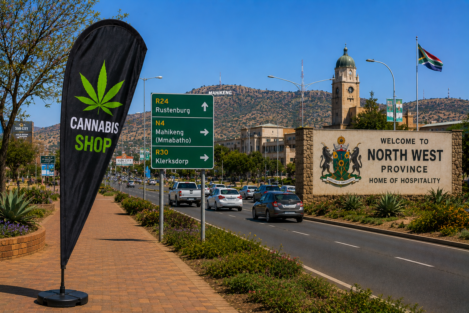 Cannabis Shop banner at the Mahikeng city entrance with the Welcome to North West Province sign – cannabis delivery across North West