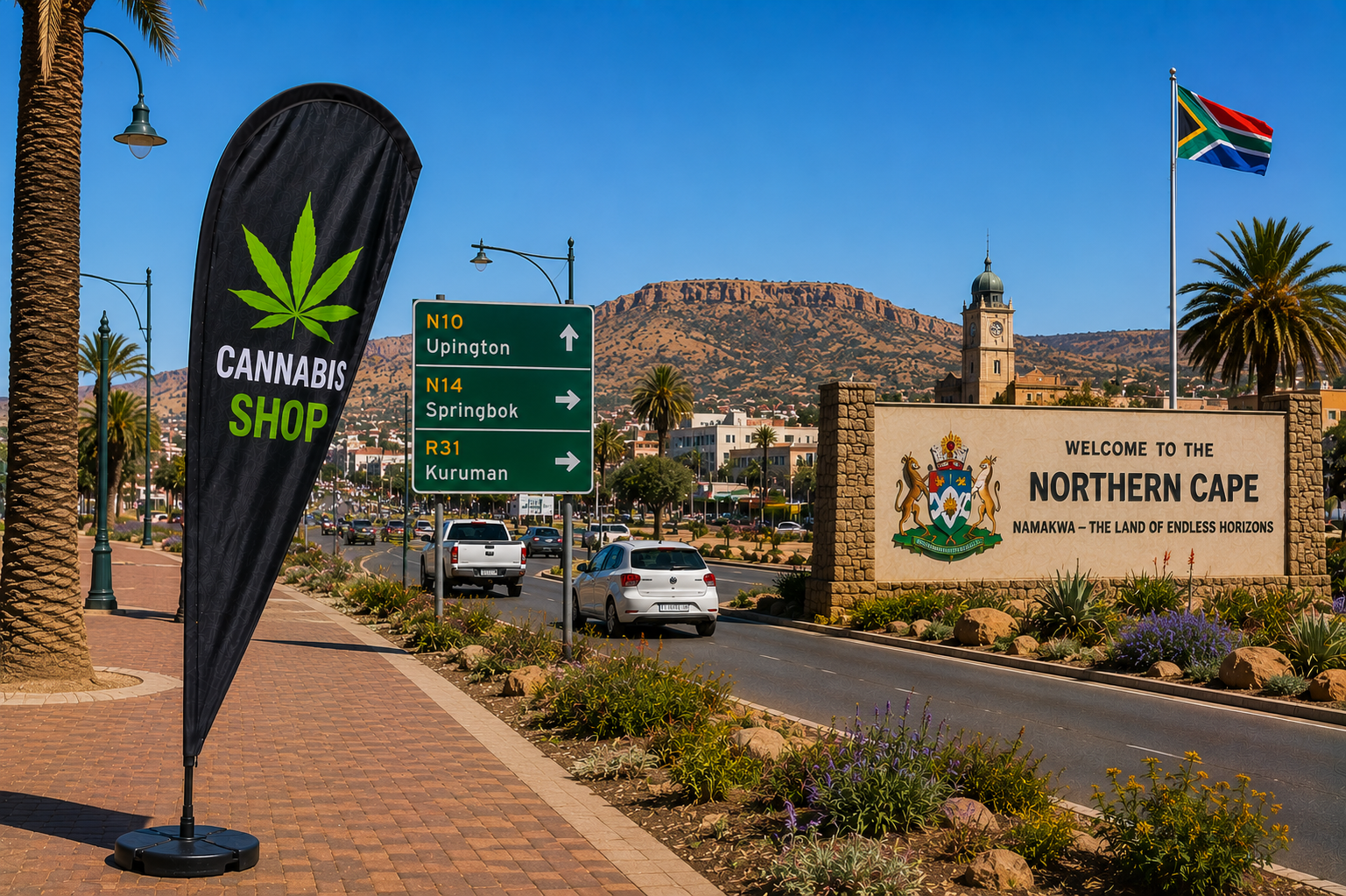 Cannabis Shop banner at the Welcome to the Northern Cape sign in the Namakwa region – cannabis delivery across the Northern Cape
