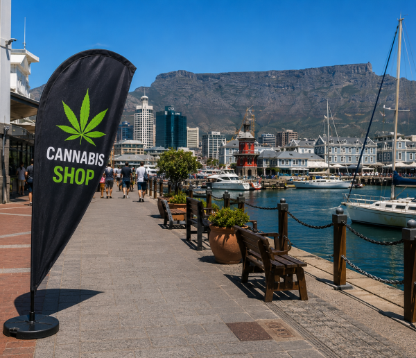 Cannabis Shop banner on the Eastern Cape coastal road with the Welcome to the Eastern Cape sign – cannabis delivery across the Eastern Cape