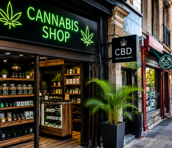 Inside an AmazolSA-style cannabis boutique showing premium flower jars, pre-rolls, edibles and vapes available for delivery to Midrand and Gauteng