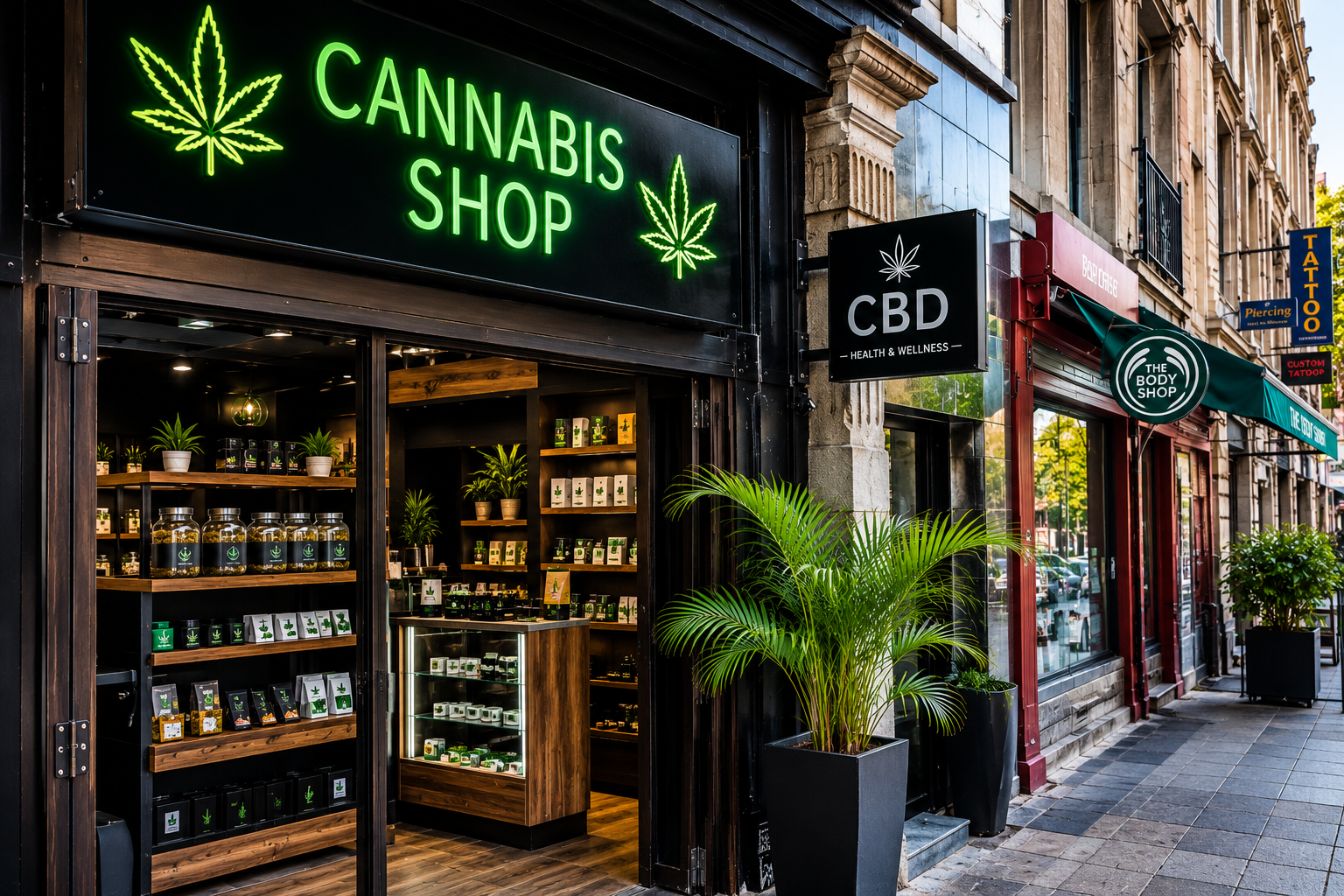 Inside an AmazolSA-style cannabis boutique showing premium flower jars, pre-rolls, edibles and vapes available for delivery to Midrand and Gauteng