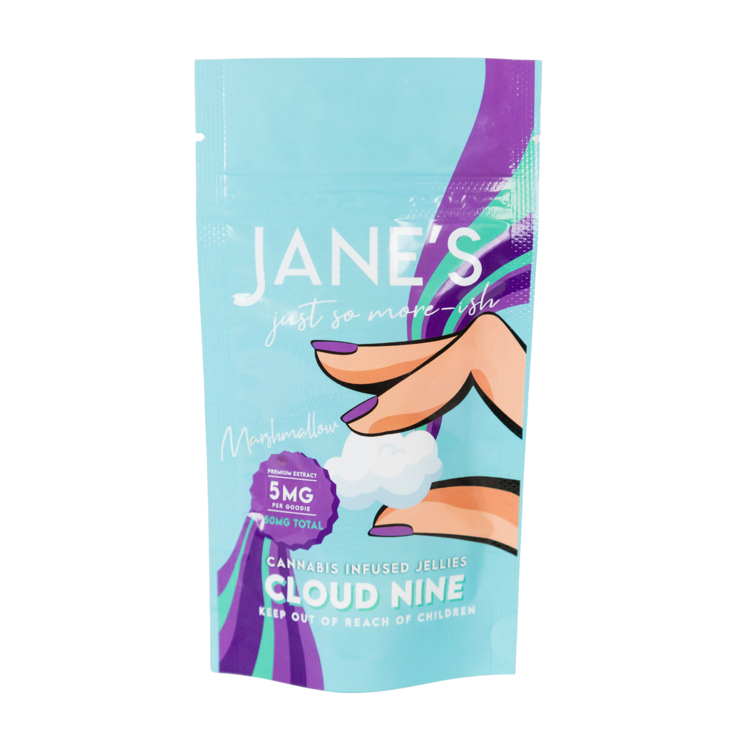 Jane's Edibles Clouds marshmallow jellies pouch with 10 cloud sweets totalling 50mg THC