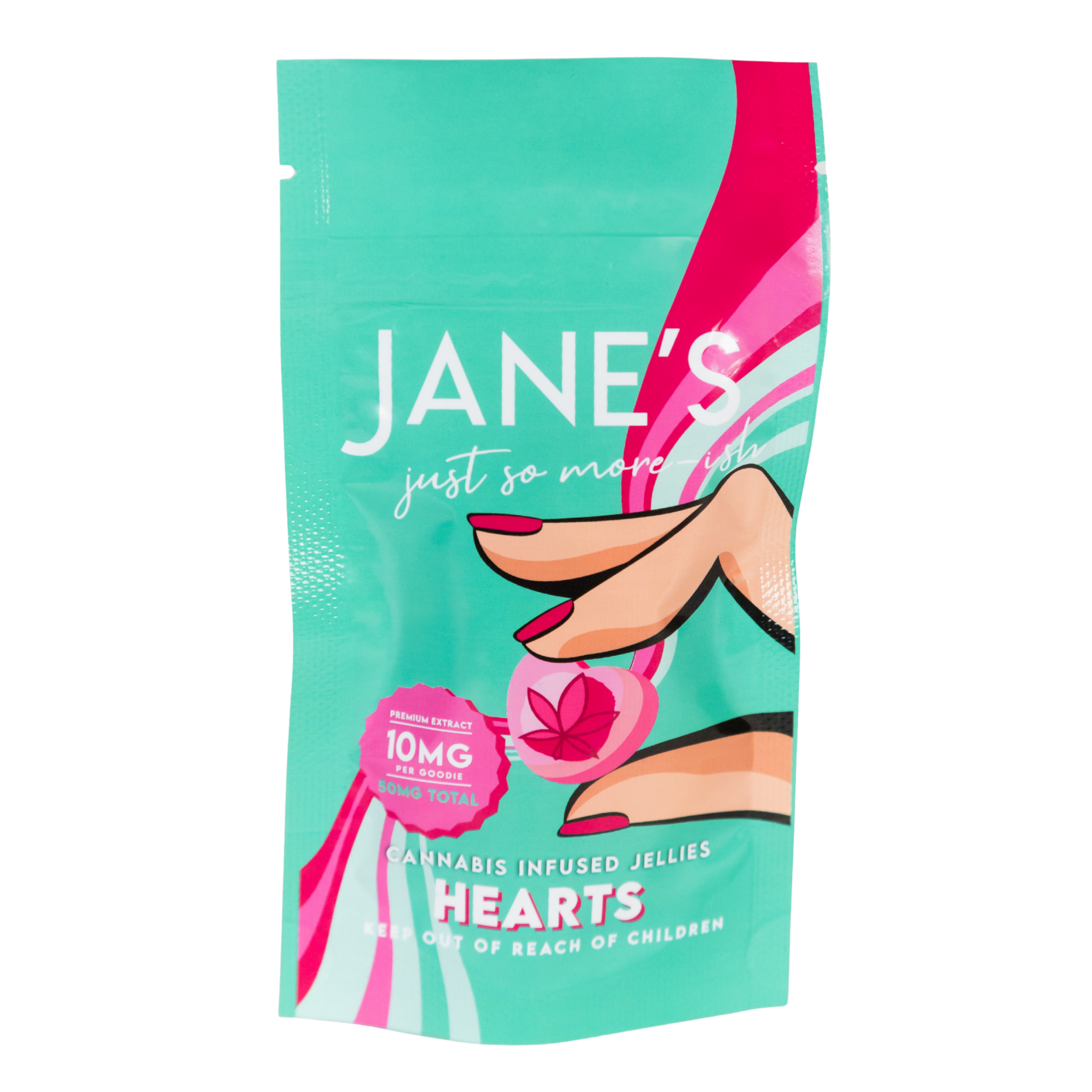 Jane's Edibles Heart Jellies pouch with 5 strawberry cream hearts totalling 50mg THC