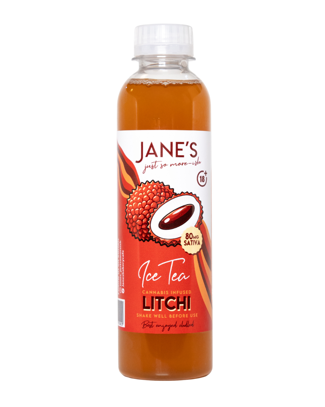Jane's Edibles Litchi Iced Tea 250ml bottle containing 80mg THC