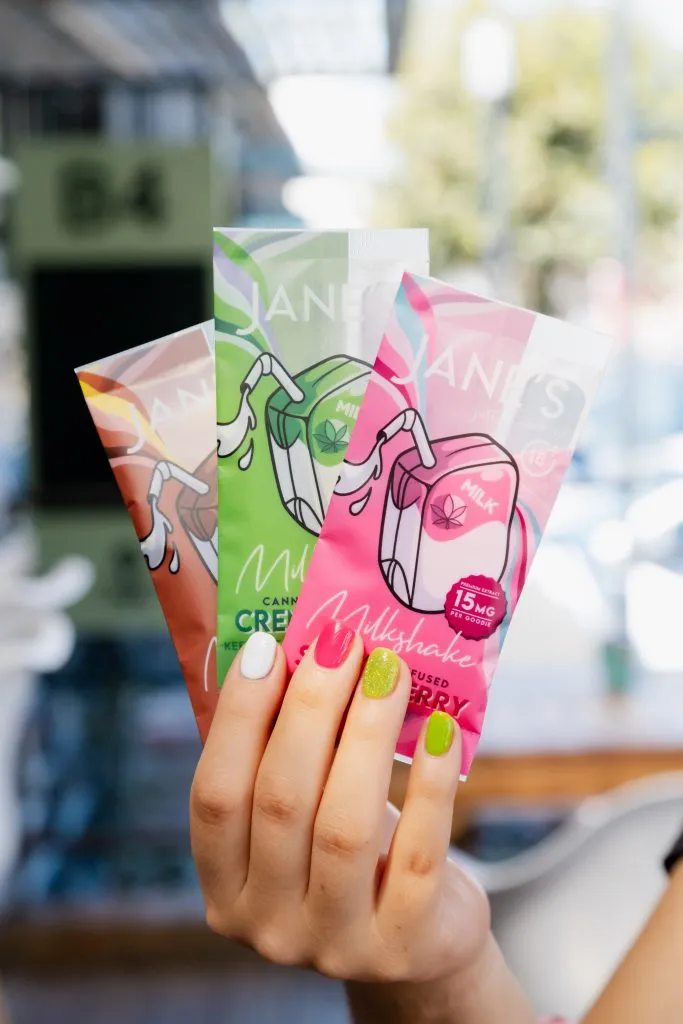 Jane's Edibles cannabis infused milkshake sachets held at the Cape Town bakery