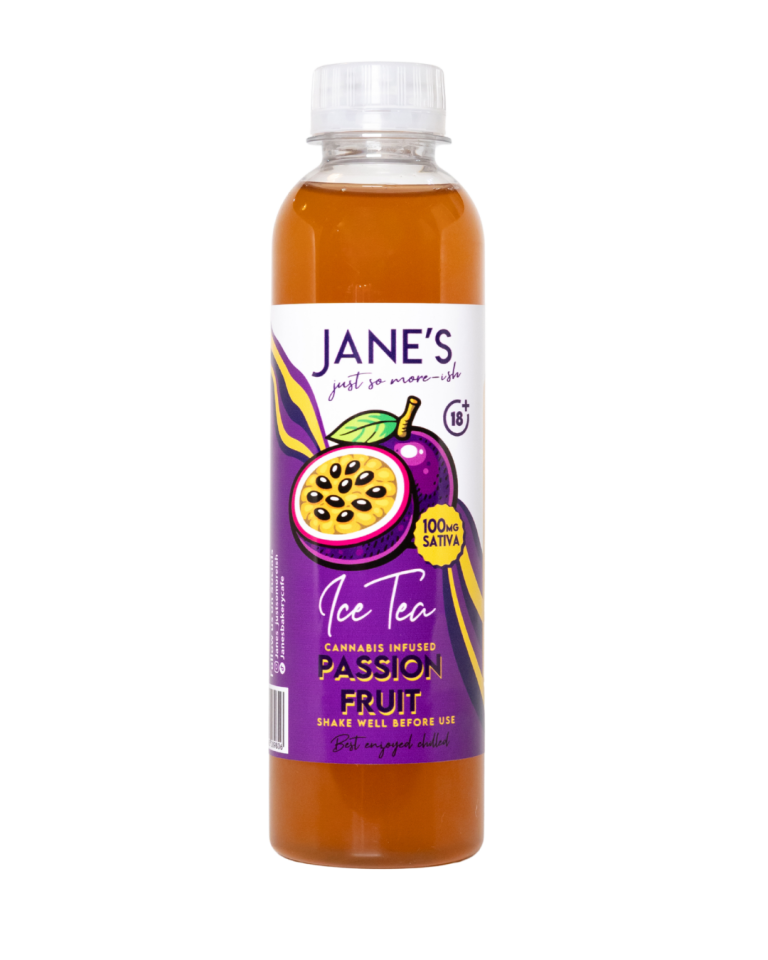 Jane's Edibles Passionfruit Iced Tea 250ml bottle containing 100mg THC