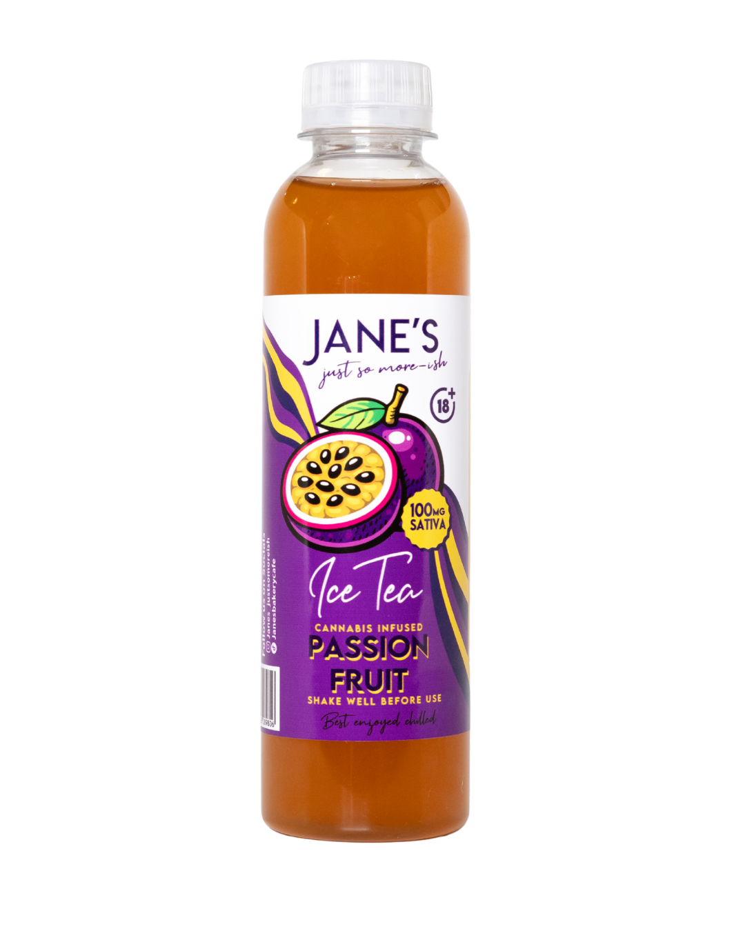 Jane's Edibles Passionfruit Iced Tea 250ml bottle containing 100mg THC