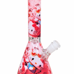 Pink Kitty Print Glass Bong with a beaker base and wraparound pink cartoon kitty artwork