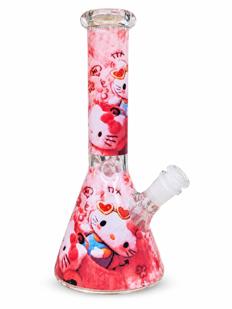 Pink Kitty Print Glass Bong with a beaker base and wraparound pink cartoon kitty artwork