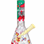 Festive Cartoon Gift Print Glass Bong with a clear beaker base, festive cartoon decals and a pale yellow downstem