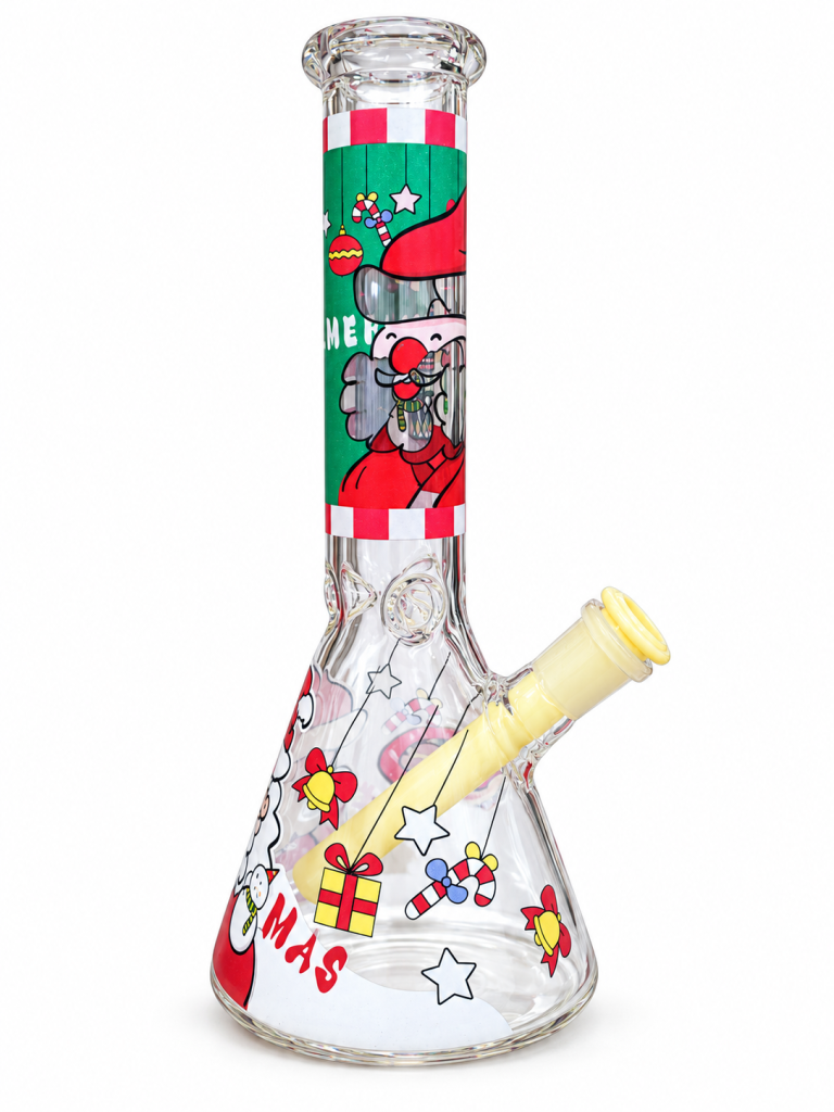Festive Cartoon Gift Print Glass Bong with a clear beaker base, festive cartoon decals and a pale yellow downstem