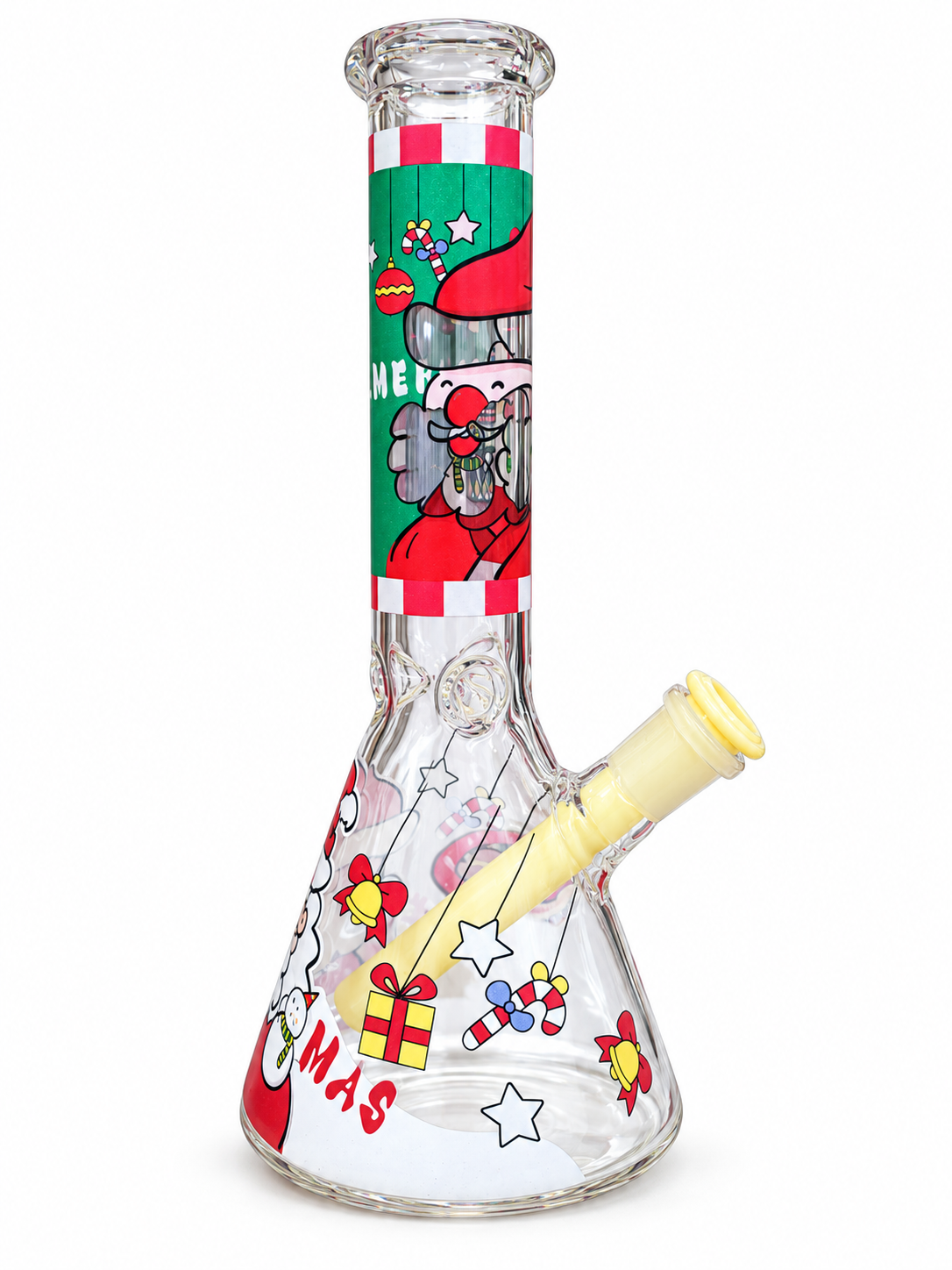 Festive Cartoon Gift Print Glass Bong Festive Cartoon Gift Print Glass Bong with a clear beaker base, festive cartoon decals and a pale yellow downstem