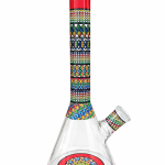 Multicolour Tribal Pattern Glass Bong with geometric banding on the neck and a circular medallion on the beaker base
