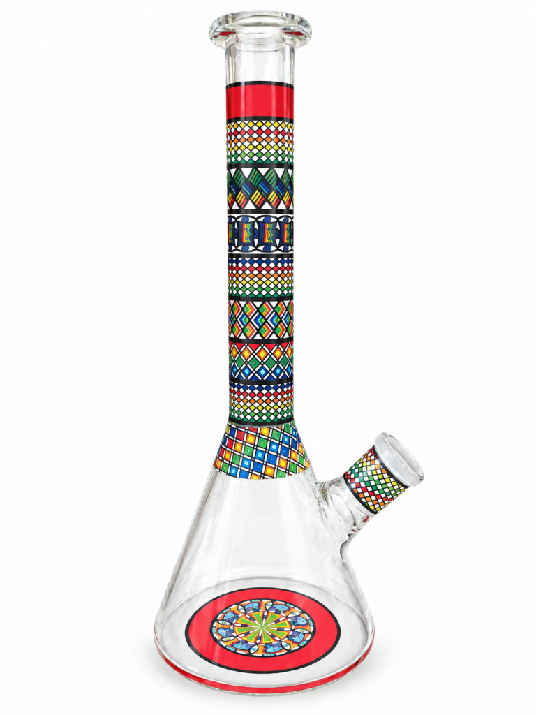 Multicolour Tribal Pattern Glass Bong with geometric banding on the neck and a circular medallion on the beaker base