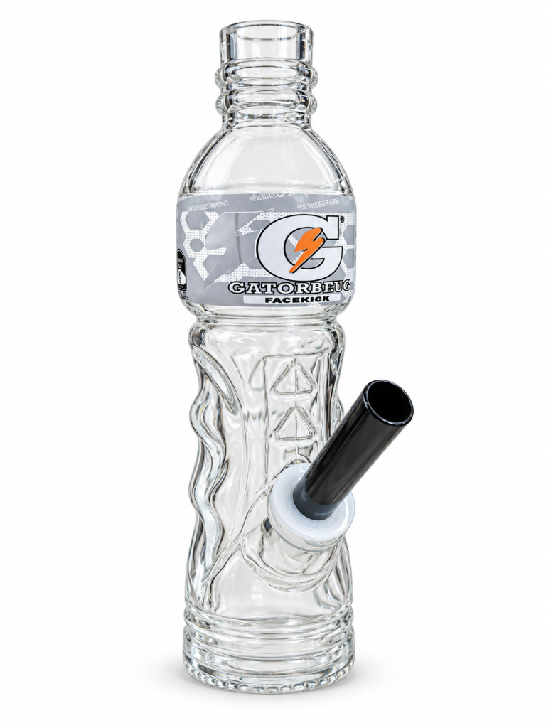 Clear Sports Bottle Style Glass Bong moulded like a sports drink bottle with a black side stem