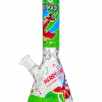 Merry Christmas Green Glass Bong with green Christmas artwork on the neck and Merry Christmas lettering on the beaker base