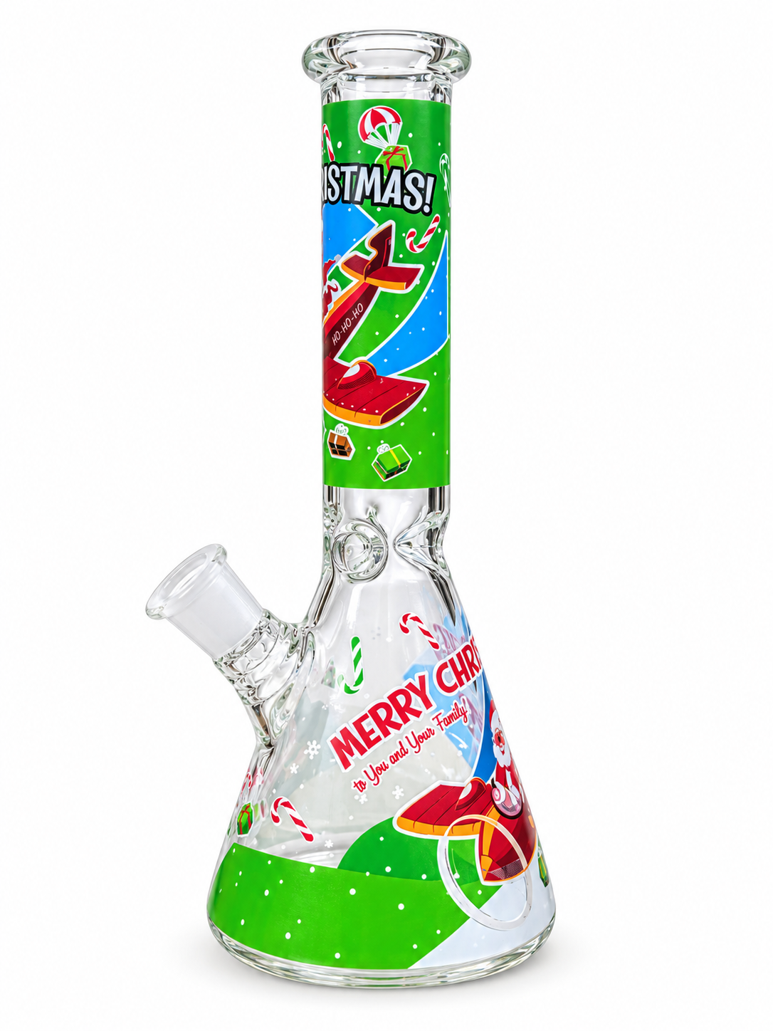 Merry Christmas Green Glass Bong with green Christmas artwork on the neck and Merry Christmas lettering on the beaker base