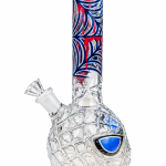 Blue and Red Spiderweb Glass Bong with a round web-textured base, spiderweb print neck and a clear glass bowl
