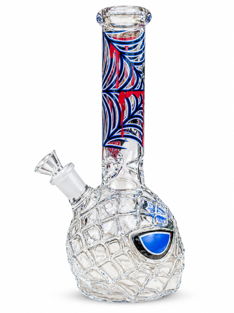 Blue and Red Spiderweb Glass Bong with a round web-textured base, spiderweb print neck and a clear glass bowl