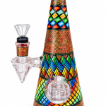 African Geometric Glitter Glass Bong with a cone-shaped body, multicoloured geometric bands, glitter panels and a clear glass bowl