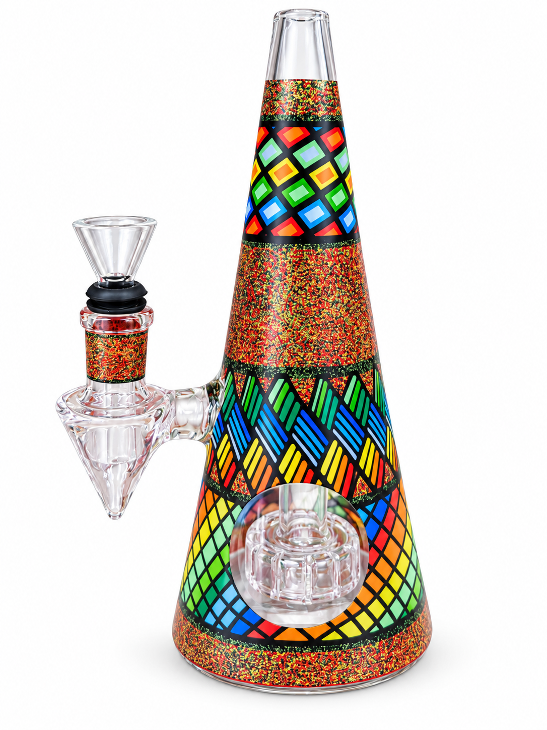 African Geometric Glitter Glass Bong African Geometric Glitter Glass Bong with a cone-shaped body, multicoloured geometric bands, glitter panels and a clear glass bowl