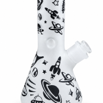 White Frosted Space Doodle Glass Bong with black rocket, planet and UFO doodles on a frosted beaker base