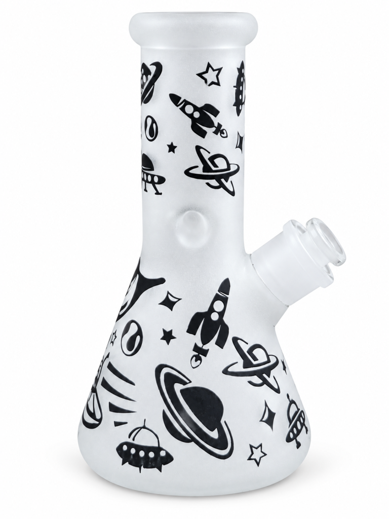 White Frosted Space Doodle Glass Bong with black rocket, planet and UFO doodles on a frosted beaker base