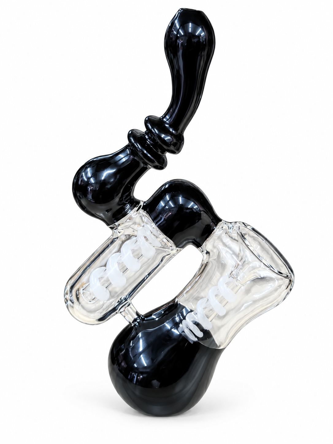 Black Double-Chamber Glass Bubbler with two clear chambers holding white glass coils and a curved black mouthpiece