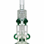 Green Multi-Chamber Recycler Glass Bong with stacked percolator chambers, green recycler arms and a clear glass bowl