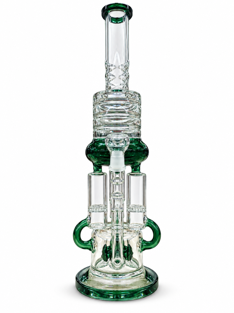 Green Multi-Chamber Recycler Glass Bong with stacked percolator chambers, green recycler arms and a clear glass bowl