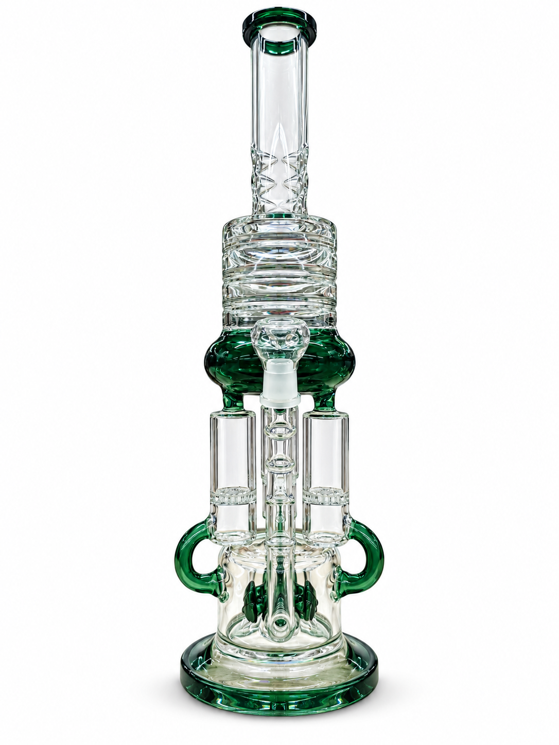 Green Multi-Chamber Recycler Glass Bong with stacked percolator chambers, green recycler arms and a clear glass bowl