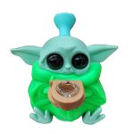 Baby Yoda Silicone Bong in green, front view showing the glass bowl set in the tan pot