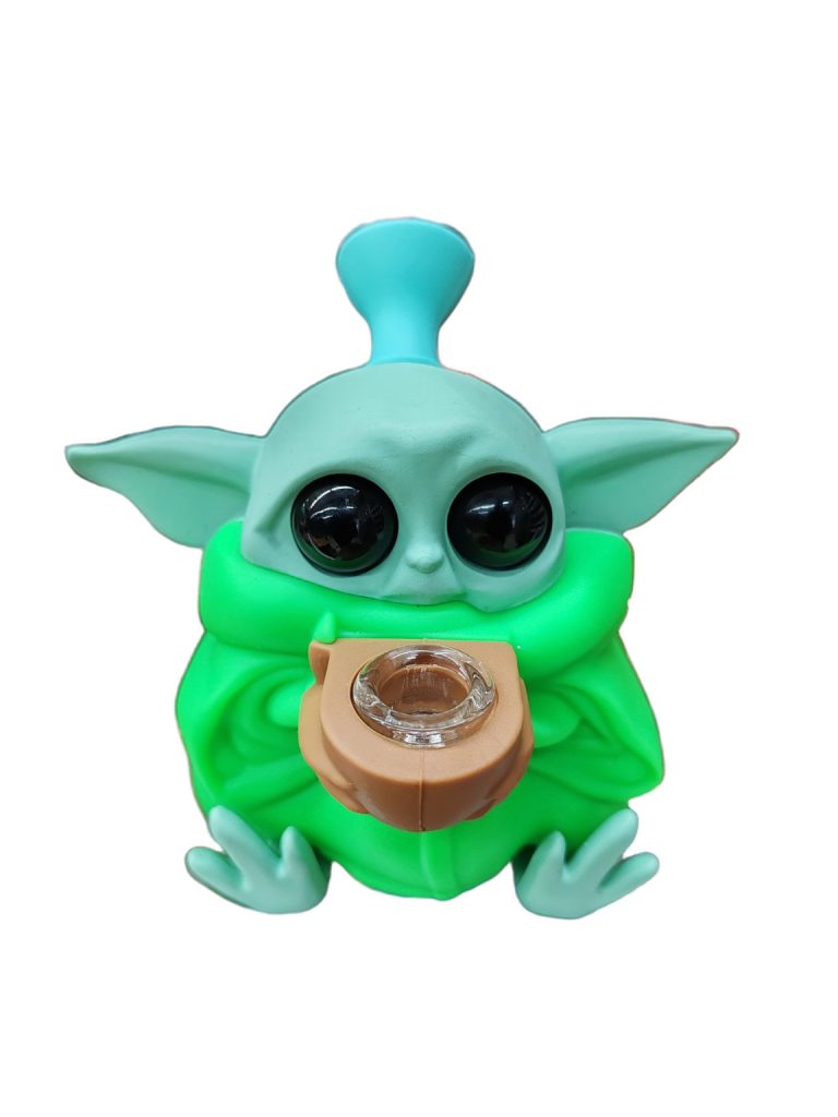 Baby Yoda Silicone Bong in green, front view showing the glass bowl set in the tan pot