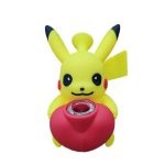 Pikachu Silicone Bong in yellow, front view showing the glass bowl in the red chamber