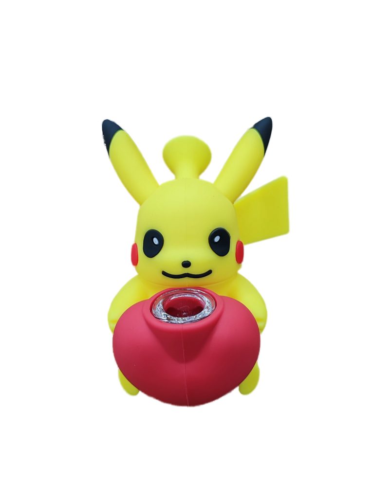 Pikachu Silicone Bong in yellow, front view showing the glass bowl in the red chamber