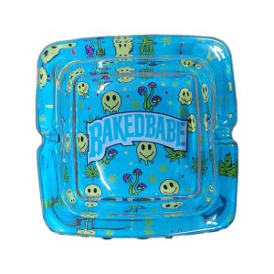 Baked Babe blue mushroom smiley square glass ashtray