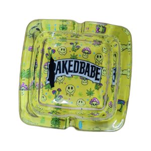 Baked Babe lime yellow mushroom smiley square glass ashtray
