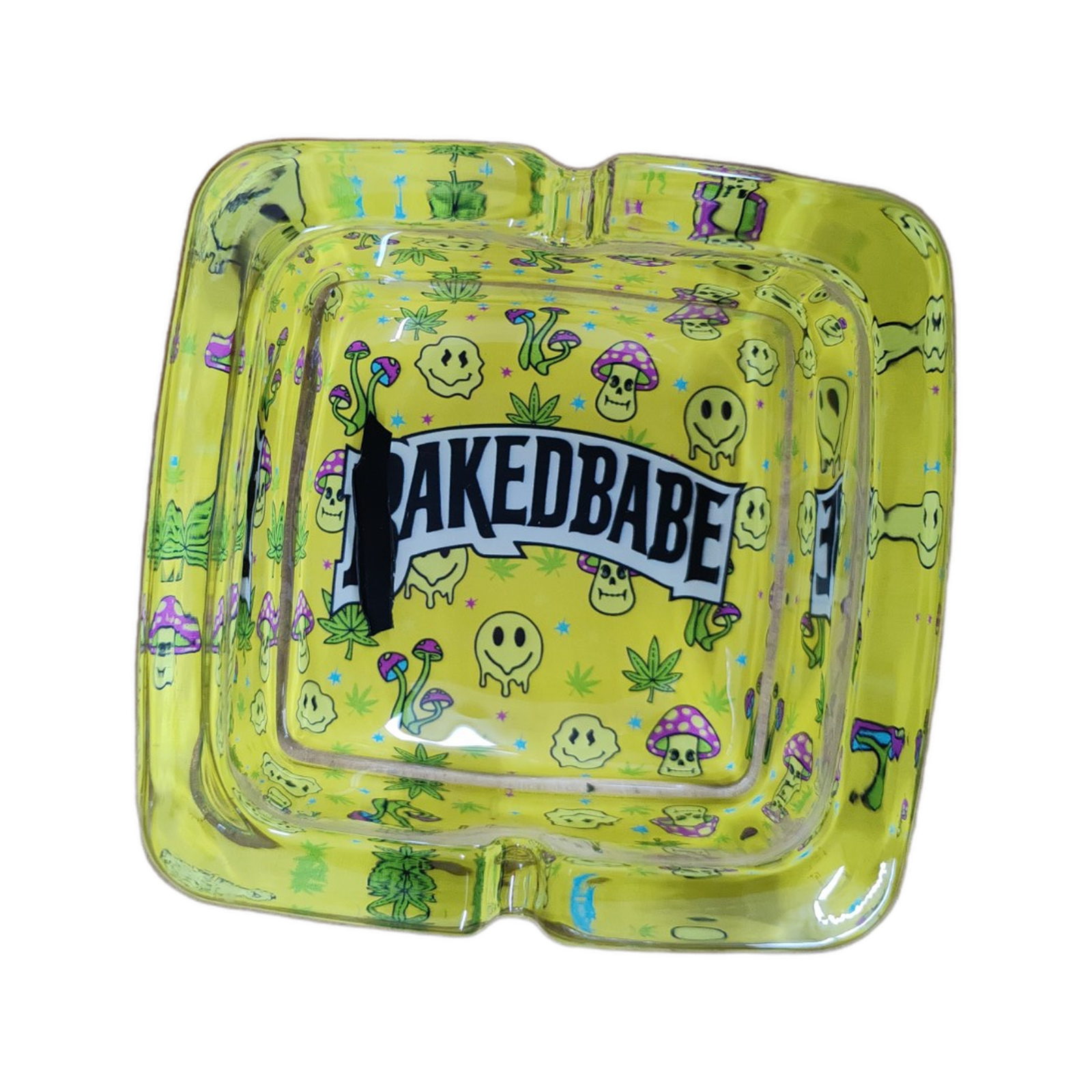 Baked Babe lime yellow mushroom smiley square glass ashtray