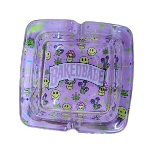 Baked Babe pink mushroom smiley square glass ashtray