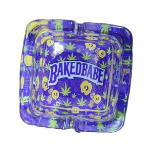 Baked Babe purple leaf smiley square glass ashtray