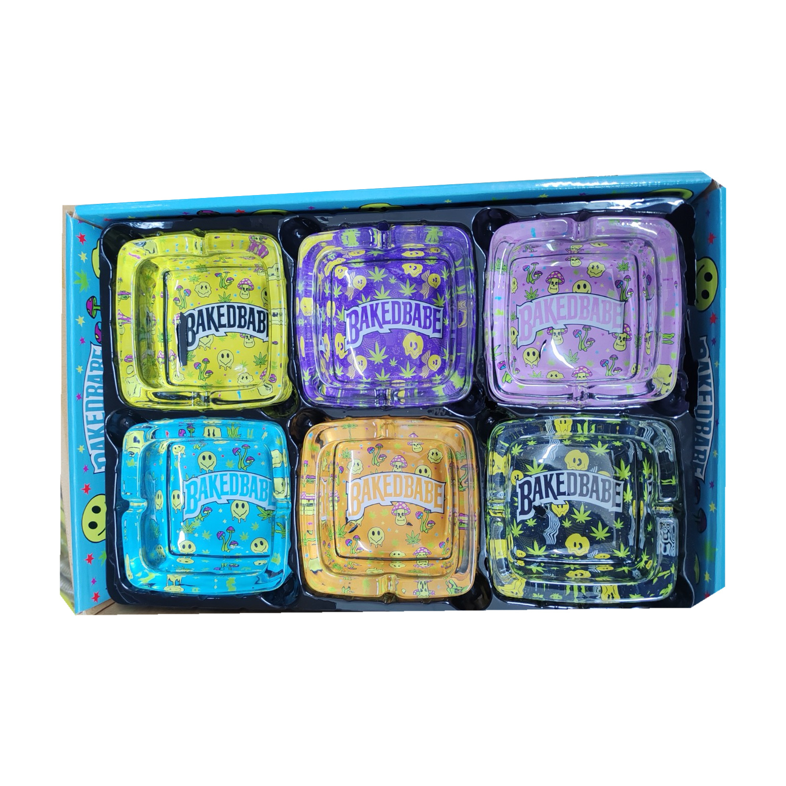 Baked Babe square glass ashtray collection showing all six colours