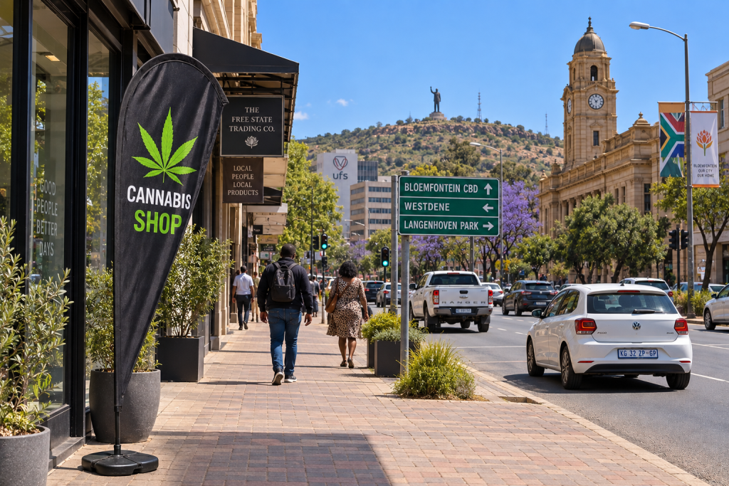 Bloemfontein CBD street with City Hall and direction signs to Westdene and Langenhoven Park &mdash; Amazol cannabis delivery across the Free State