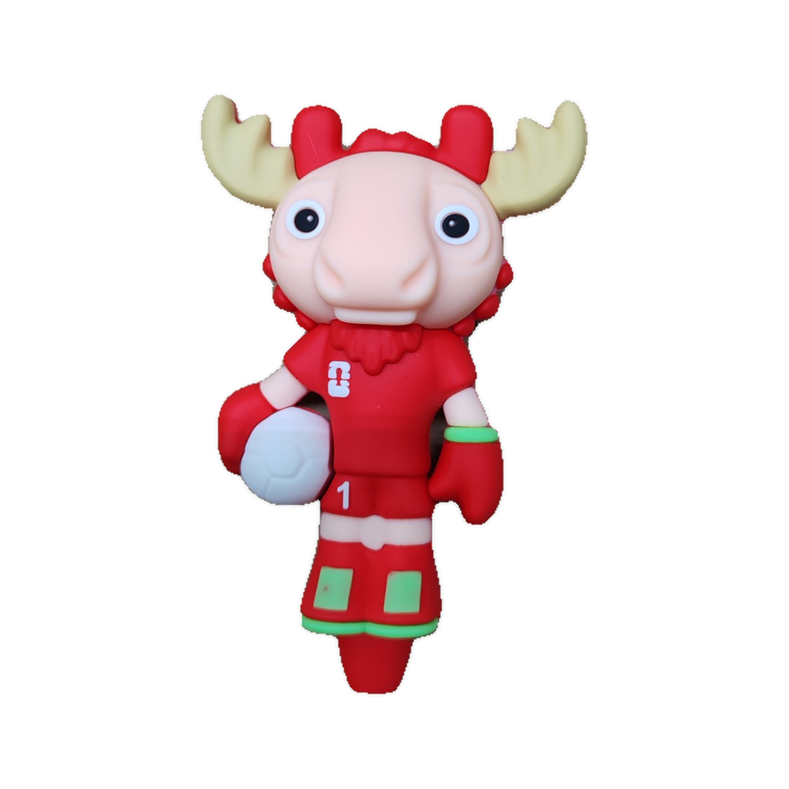 Maple No. 1 reindeer football silicone bong, front view in red kit holding a football
