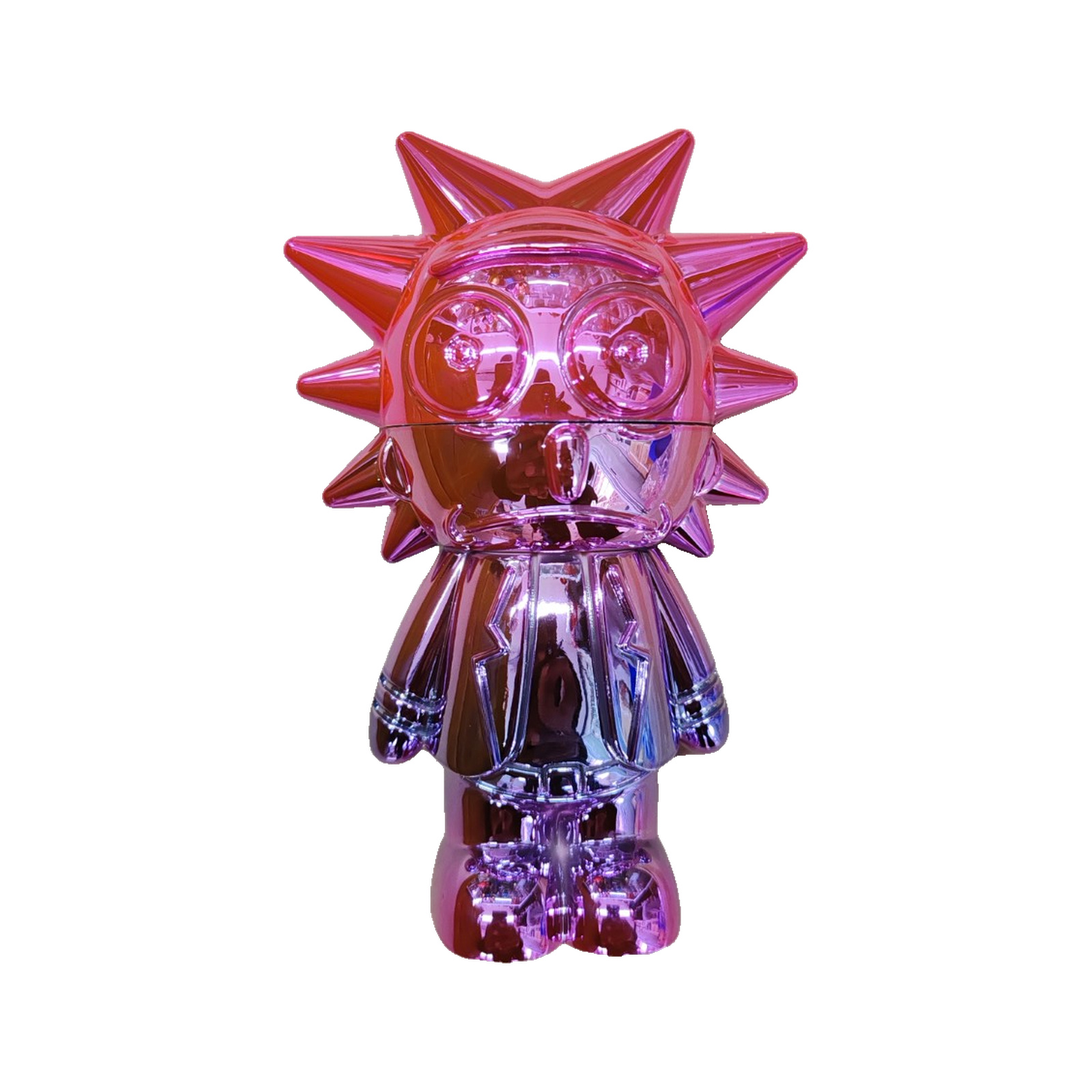 Pink Chrome Rick n Morty Metal Grinder - Closed Front View Pink chrome Rick n Morty metal grinder, closed front view