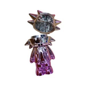 Two-tone rose and silver Rick n Morty metal grinder with the head lid lifted off showing the grinding teeth