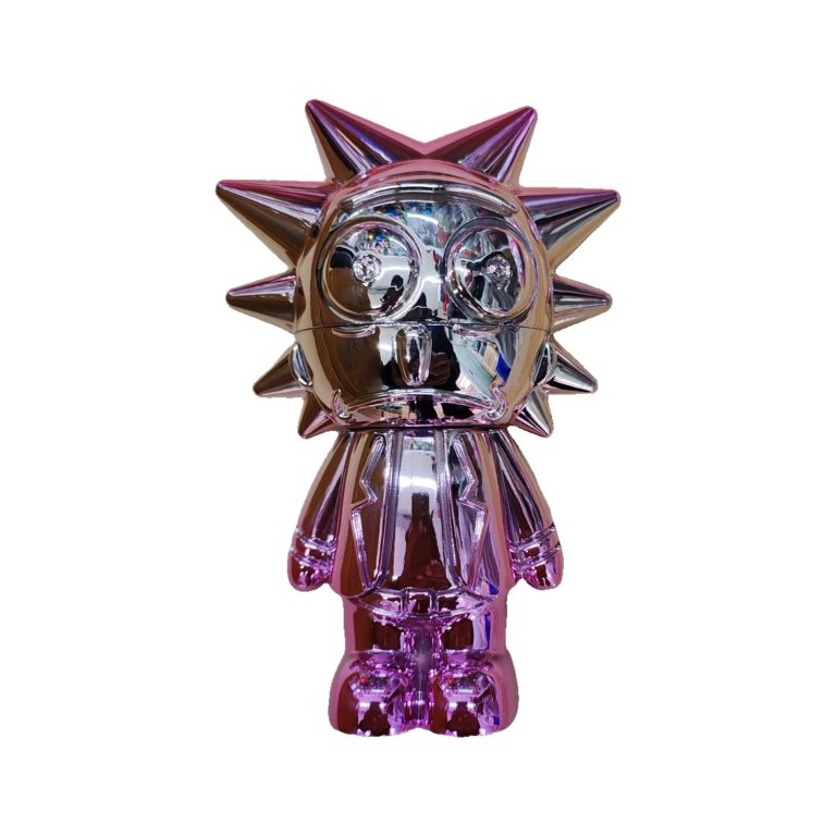 Two-tone rose and silver Rick n Morty metal grinder, closed front view